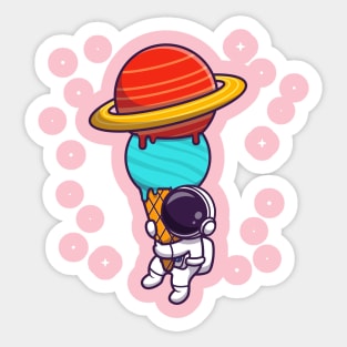 Cute Astronaut Holding Ice Cream Planet Cartoon Sticker